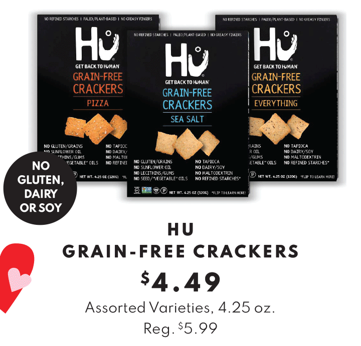 Hu Grain-Free Crackers, assorted varieties, 4.25 ounce - $4.49
