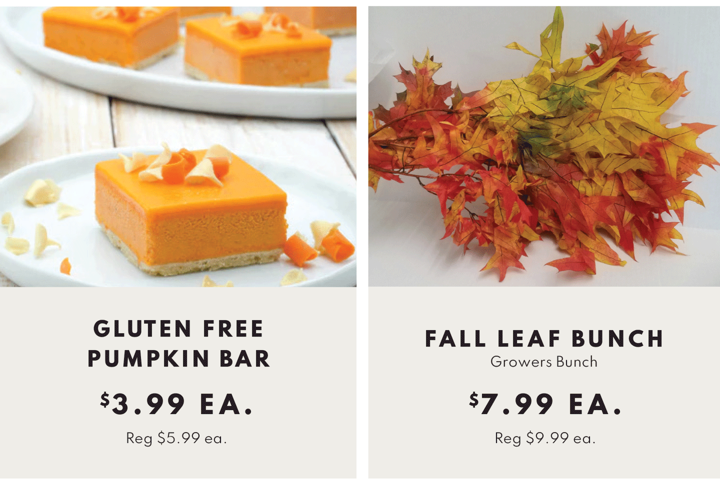 Gluten Free Pumpkin Bar $3.99 ea and Fall Leaf Bunch $7.99 ea