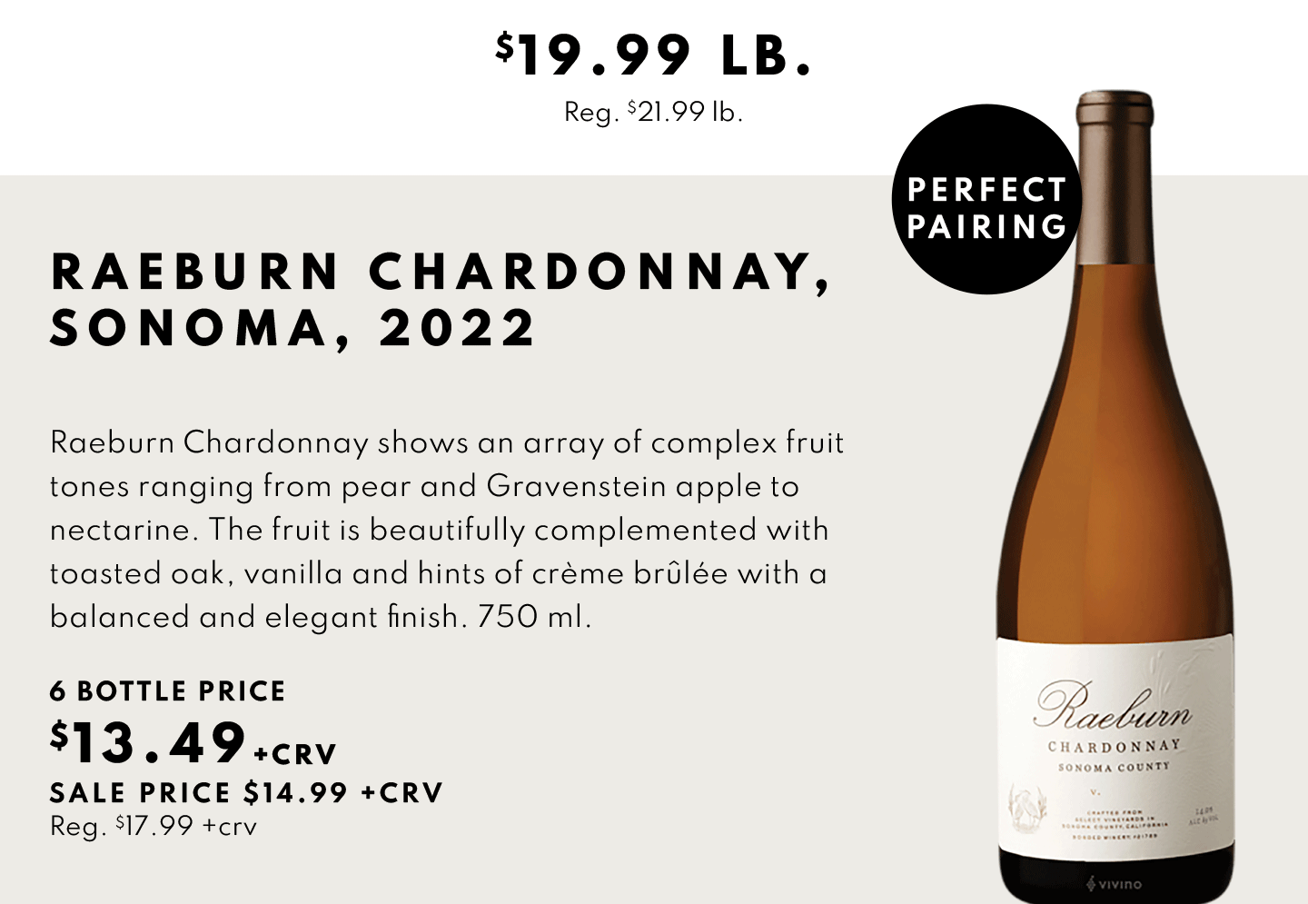 Raeburn Chardonnay, Sonoma, 2022 $13.49