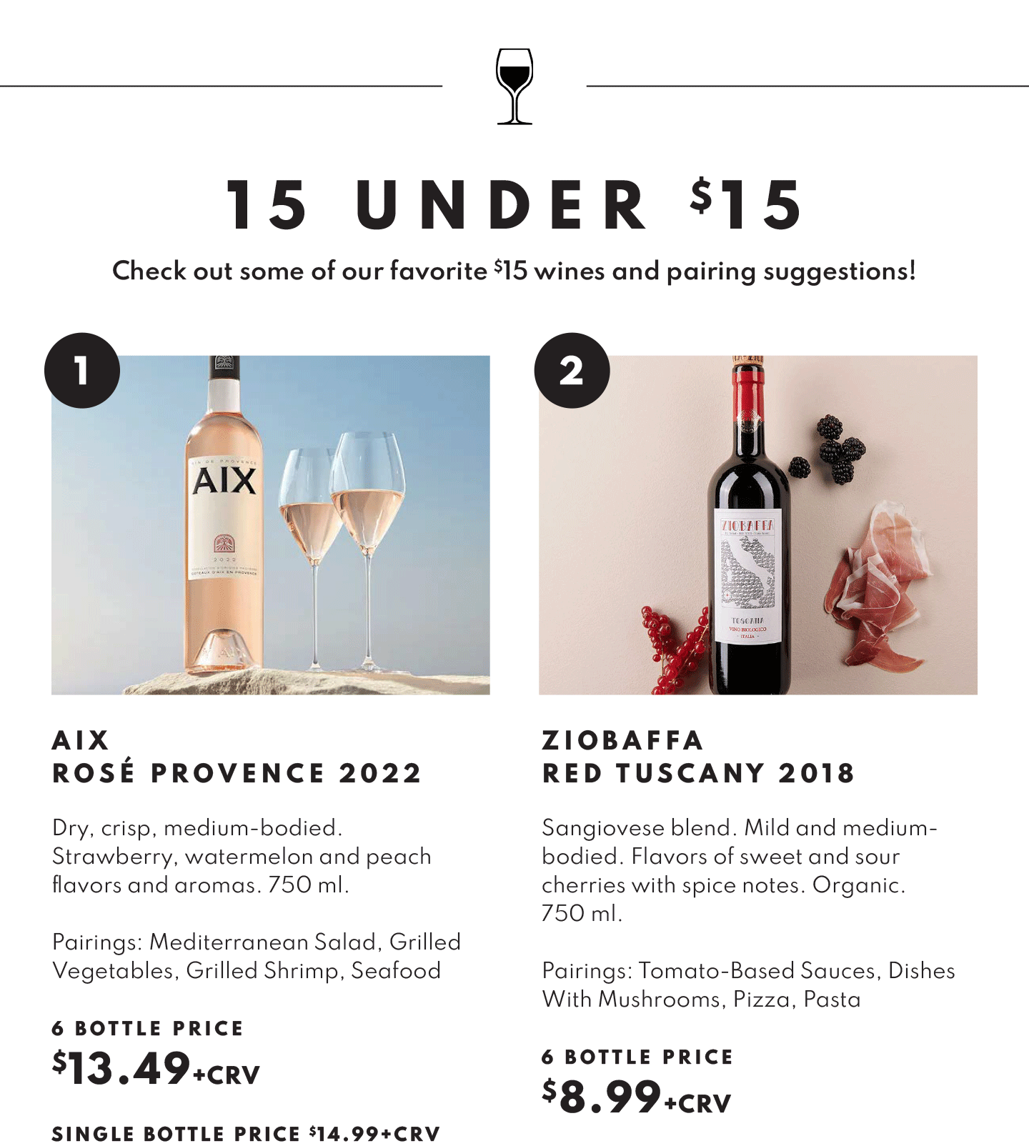 AIX Rose Provence, 2022 6 bottle price $13.49 and Zibaffa Red Tuscany, 2018 6 bottle price $8.99