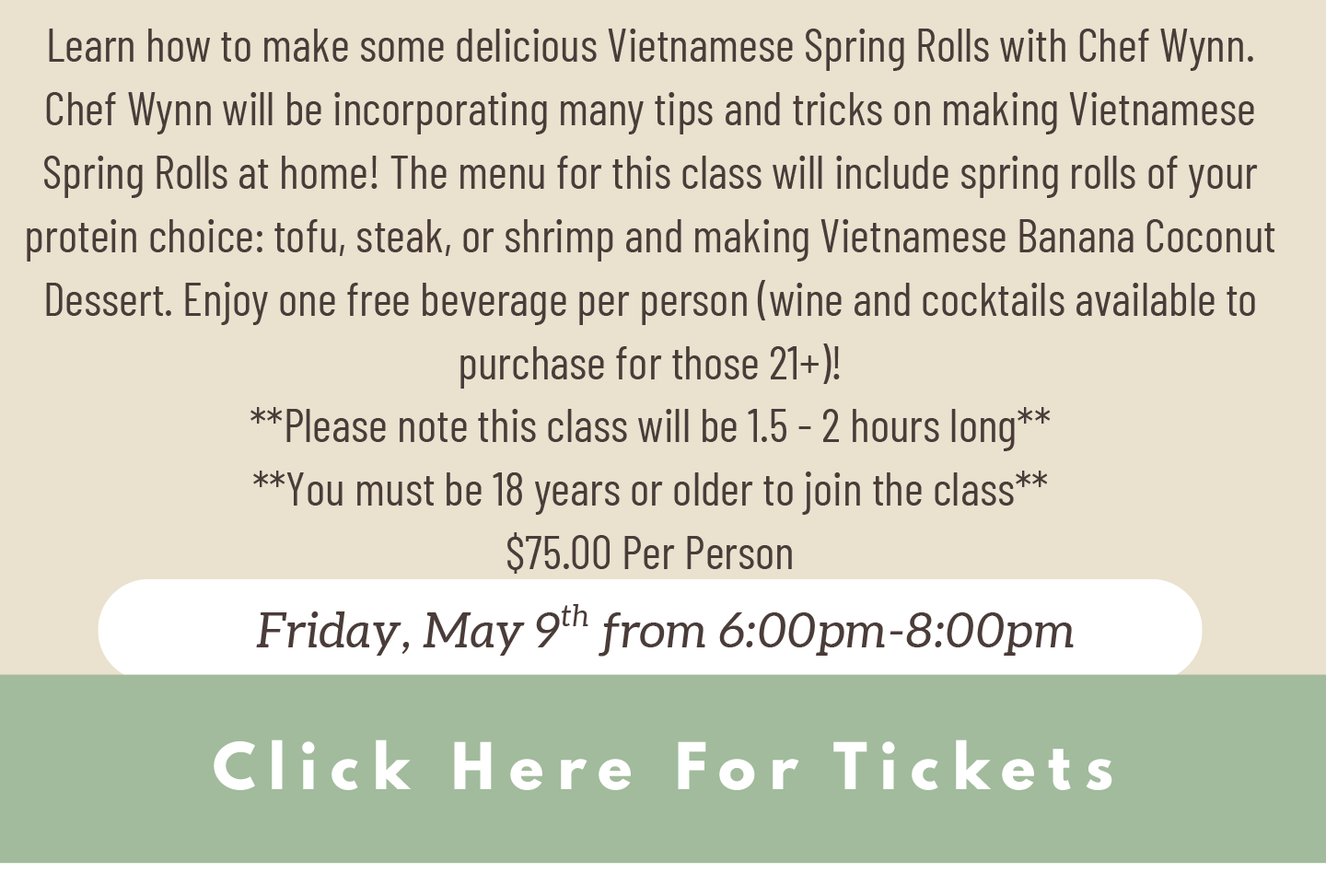 Wynn's Kitchen - Upcoming Adult Cooking Class! Fri, May 9th from 6-8 pm . Click here for tickets!