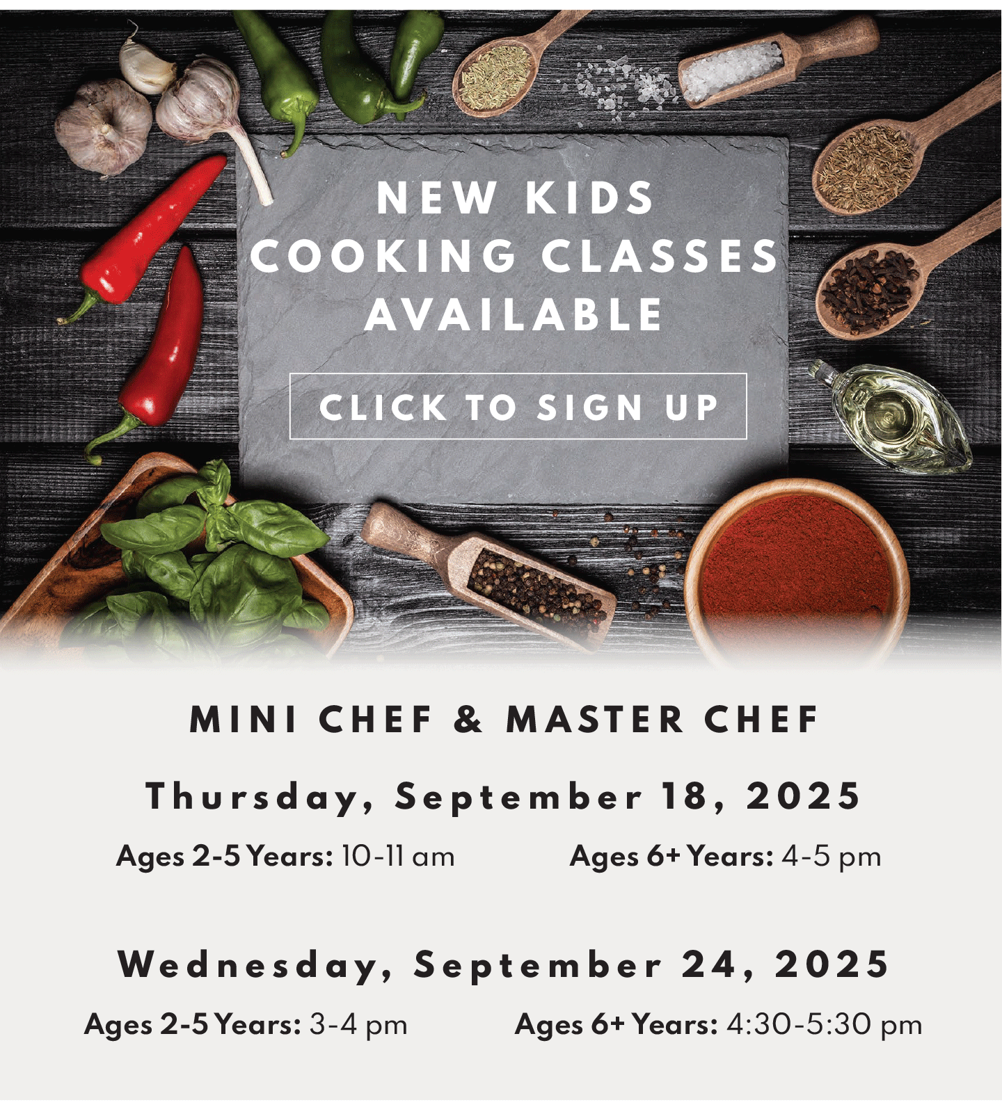 NEw Kids Cooking Classes Avaialbe! Click to Sign Up! Thurs, Sept 18th and Wed, Sept 24th!